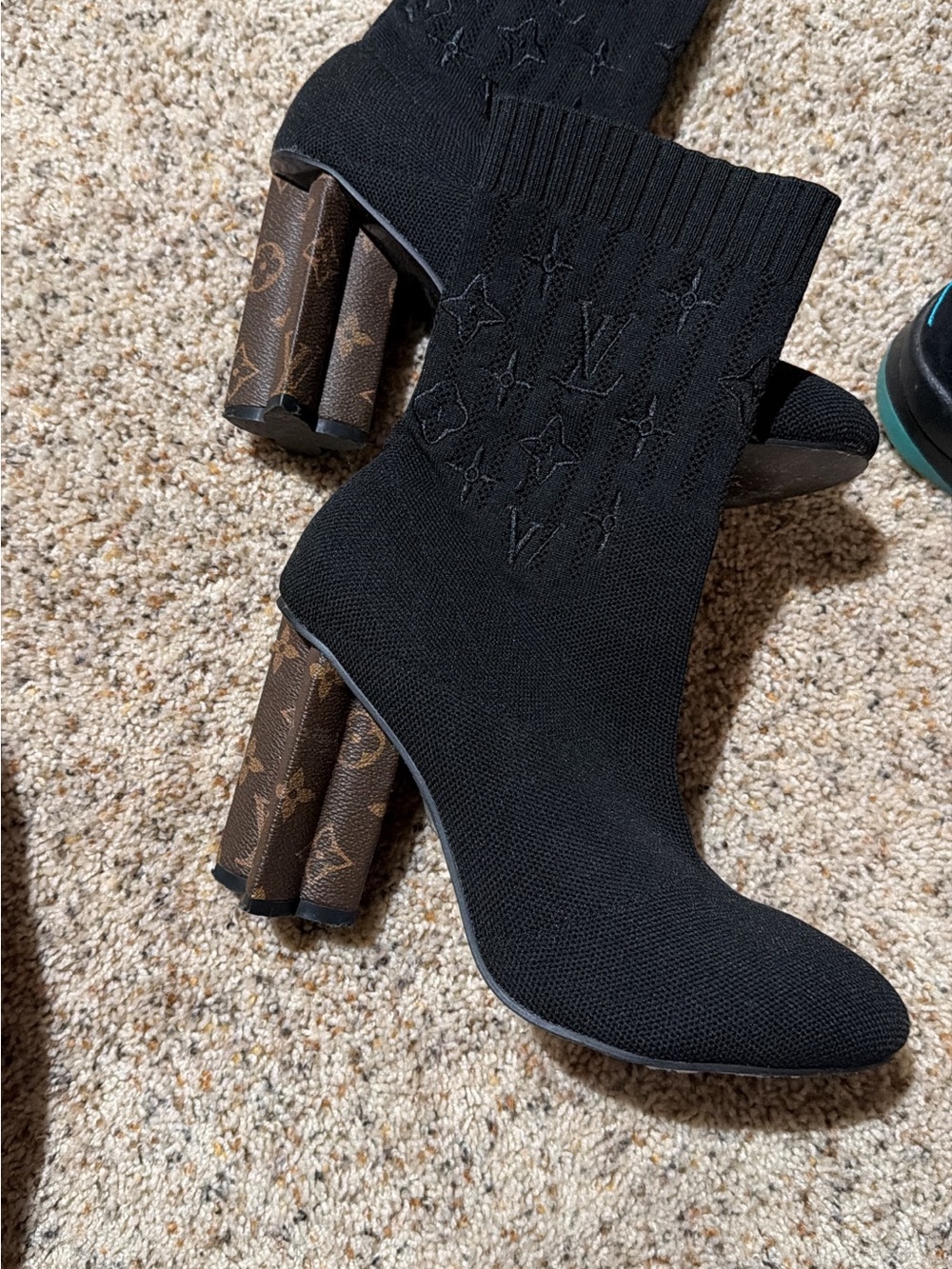 Louis Vuitton Black Knit Sock Ankle Boots with Monogram Block Heel